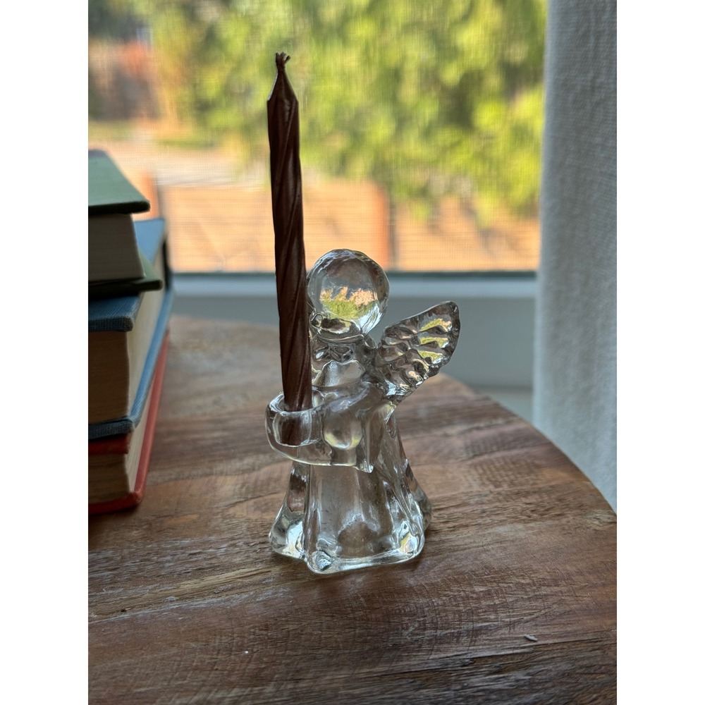Vintage Clear Glass Angel Taper Candle Holder Figurine Christmas Decor 2.75in